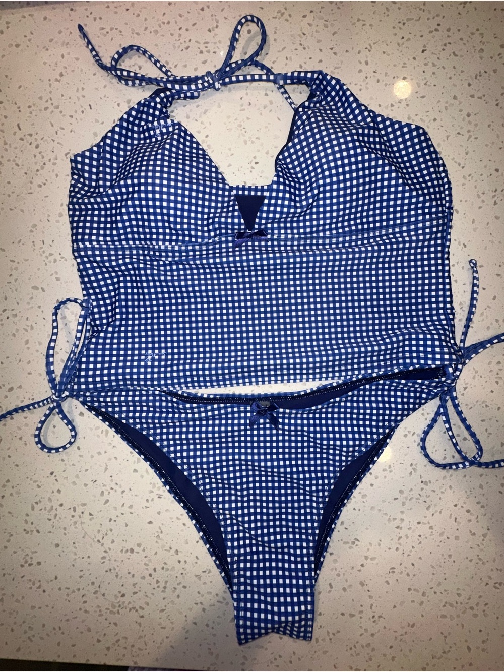 Women’s Blue Gingham Halter Tankini and Bikini Set